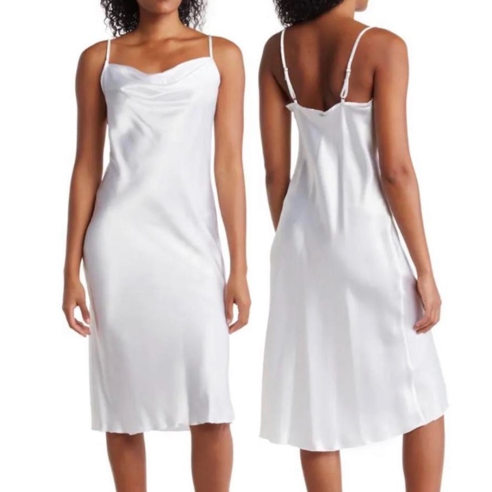 white satin cowl neck midi dress 🤍